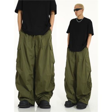 (免運)美式復古工裝褲hiphop嘻哈傘兵褲男高級感寬松百搭闊腿拖地休閑褲