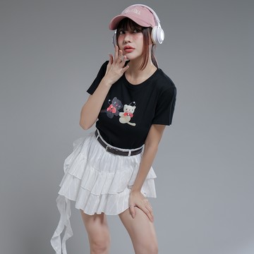 黑白小貓休閒T-黑【KT223833】