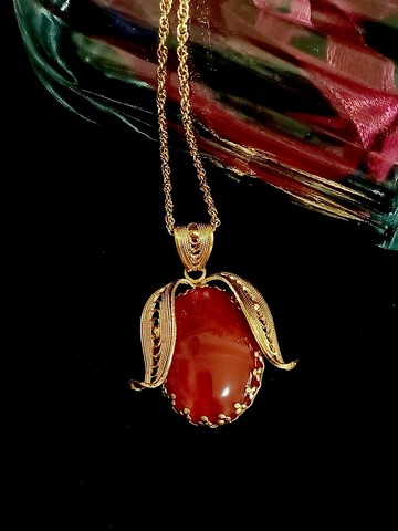 vintage jewelry 典雅胭脂紅石材鎏金 項鍊