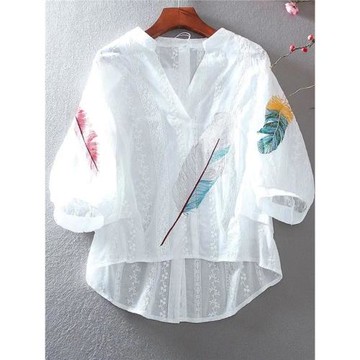 100%純棉繡花文藝襯衫女士民族風2025夏季設計感前短后長寬松上衣