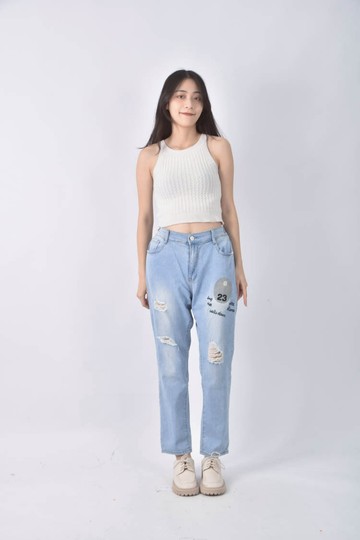 (S) zuo yueh高腰丹寧牛仔圖案藍色長褲