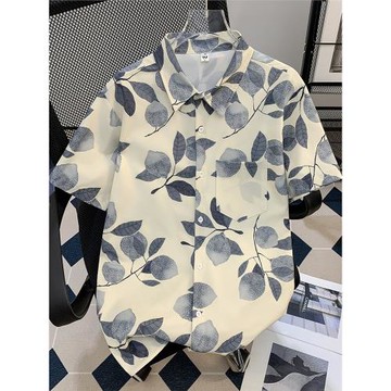 日系印花冰絲短袖花襯衫男夏季沙灘涼感半袖襯衣美式夏威夷風外套