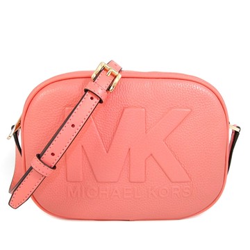 MICHAEL KORS Jet Set Travel 冰沙粉橘色石紋皮革大MK浮雕Logo相機斜背包(新品瑕疵)