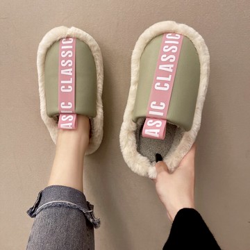 新時尚字母家居情侶棉拖鞋女秋冬新款靜音軟底毛絨絨拖鞋簡約