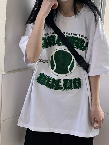 毛巾繡短袖T恤女夏日系潮流寬松休閑純棉五分袖體恤女士潮牌上衣