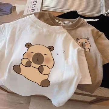【臺灣-出貨】純棉卡皮巴拉女童短袖童裝T恤男童夏季新款卡通半袖-上衣AWR12