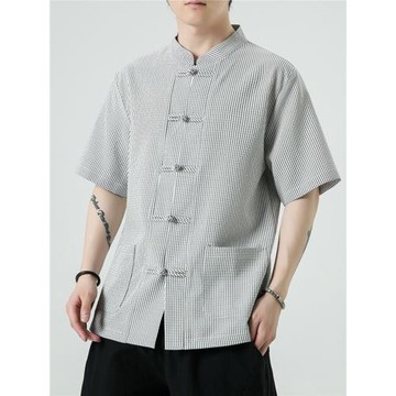 亞麻襯衫男短袖中國風唐裝中式復古條紋襯衣夏季外套棉麻半袖上衣