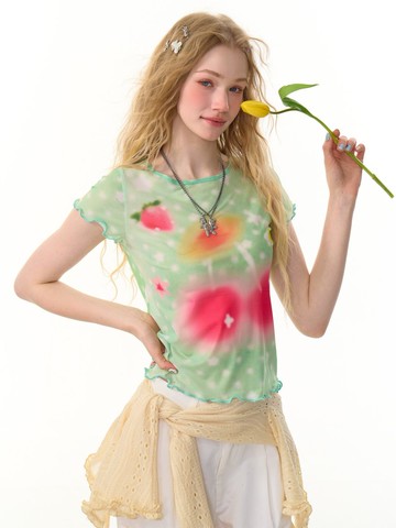 ziziFei夏新款美式復古設計感波邊網紗上衣櫻桃波點綠色短袖t恤女