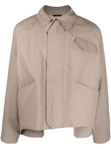 FENDI - asymmetric-hem shirt jacket - men - Linen/Flax/Cupro/Polyurethane Resin - 52 - Brown