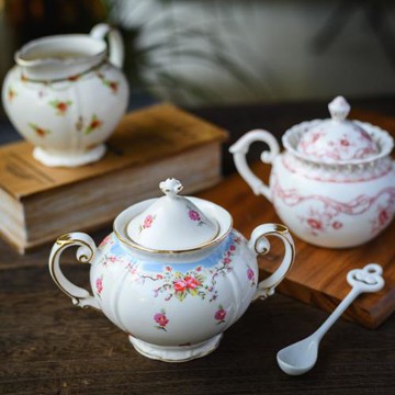 [夢田良品]出口歐式骨瓷小碎花茶壺奶白色描金雙耳糖罐小奶壺