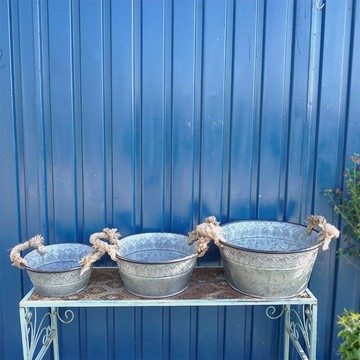 笨笨園藝 歐式復古  鐵藝浮雕雙耳麻繩圓盆 鐵皮盆 球根 組盆