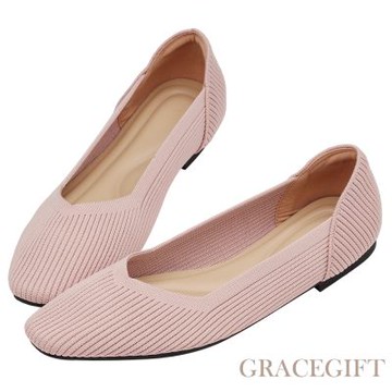 【Grace Gift】零著感方頭柔織軟墊平底娃娃鞋 粉紅