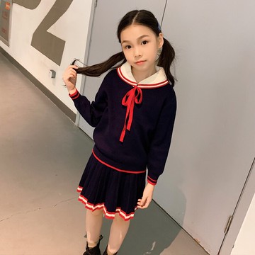 女童時尚連衣裙新款秋季韓版中大兒童海軍風小女孩洋氣兩件套1入