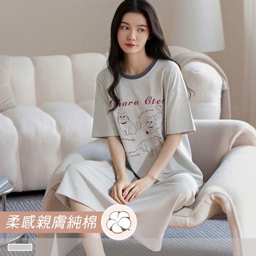 連身睡裙【純棉】慵懶小貓 印花圓領條紋短袖外穿短袖睡衣 居家服 55290