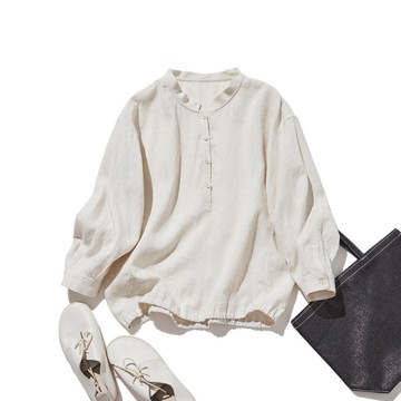 百搭實穿，可成為各種造型亮點的亞麻長袖襯衫，原色，貨號 250921-1