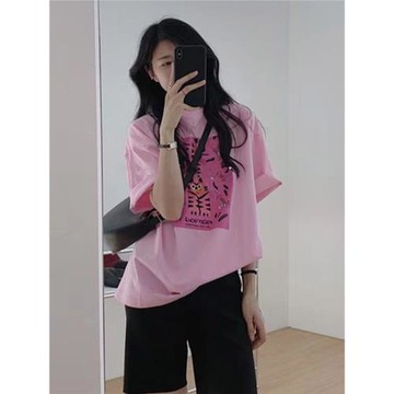 2025年新款體恤ins潮上衣設計感小眾寬松粉色印花短袖t恤女裝夏季