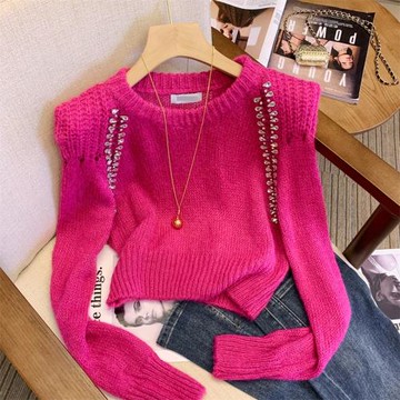 韓版純色鉆鏈設計墊肩針織上衣女2025春新款設計感小眾時尚毛衣潮