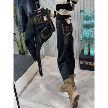 彈力哈倫闊腿加絨加厚寬松軟牛仔褲2025秋冬新款大碼復古藍老爹褲