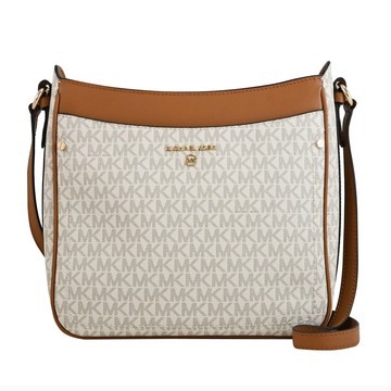 MICHAEL KORS Jet Set Charm 印花LOGO拉鍊斜背包.白/咖邊