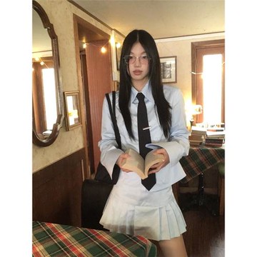 紅人館藍色襯衫女秋季2025新款長袖純棉法式上衣設計感襯衣兩件套