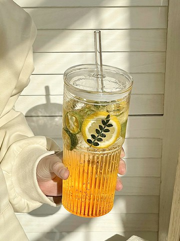 ins風大容量帶蓋吸管玻璃杯夏天高顏值冷飲果汁喝水杯子女生宿舍