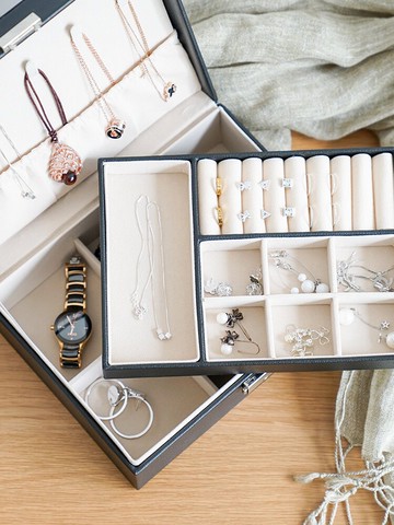 首飾盒雙層絨布歐式木質韓國公主家居帶鎖裝飾品化妝女收納盒大1入