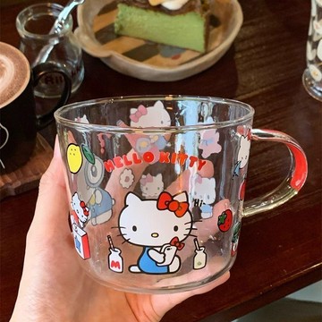 Kitty水杯 可愛水杯🎀 可愛卡通凱蒂貓玻璃杯水杯女生耐高溫牛奶杯咖啡杯飲料杯 kitty玻璃杯 可愛杯子 耐熱玻璃杯