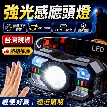 強光感應頭燈 Type-C充電紅白光LED頭燈 45°可調 防水防塵 戶外露營跑步釣魚工作照明 工地帽燈
