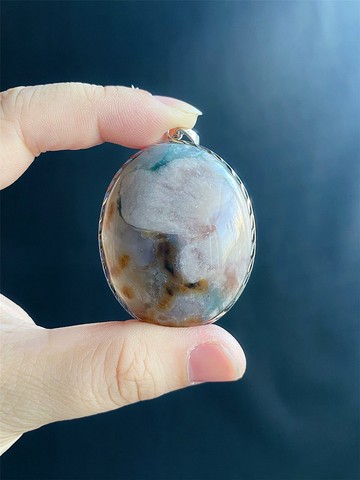 櫻花瑪瑙 粉大花 油畫風 綠 項鍊 S925銀鑲 天然石 禮物