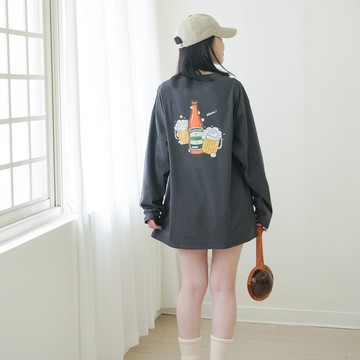 酒杯與泡泡羊啤酒-雙面設計薄長袖oversiz(灰黑)