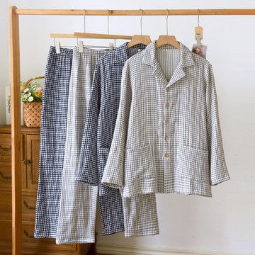 高檔全棉色織加厚四層紗睡衣長袖長褲大尺碼家居服水洗棉紗格子男士四季套裝