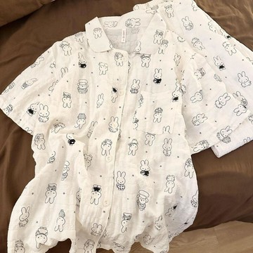 🍉簡筆米菲兔睡衣女日系夏季短袖套裝泡泡棉寬鬆學生家居服套裝
