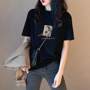 黑色短袖t恤女2025夏新款復古純棉圓領寬松百搭半袖顯瘦上衣ins潮