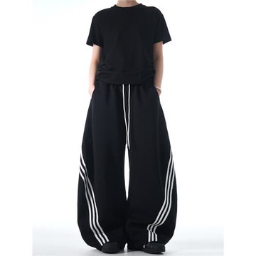 MADWITCH美式經典三道杠彎刀休閑運動褲男女寬松休閑慵懶條紋褲子