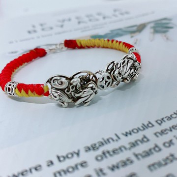 S&A財運守護(小款) 貔貅 雙貔貅 招財 客製化 幸運手鍊 蠟線 純銀