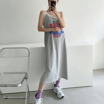 ANNAS 正韓 汽車 字母 洋裝 細肩帶 連身裙 長洋 長洋裝 棉質 休閒 運動 海邊 海灘裙 韓國
