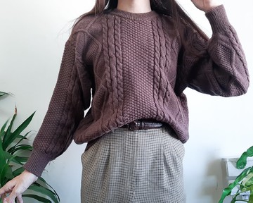 PERRY ELLIS 巧克力棕色漁夫毛衣 Aran 絞花針織毛衣 M 碼