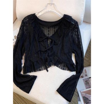 法式蕾絲防曬開衫女夏季黑色短款上衣配吊帶洋裝外搭披肩罩衫女