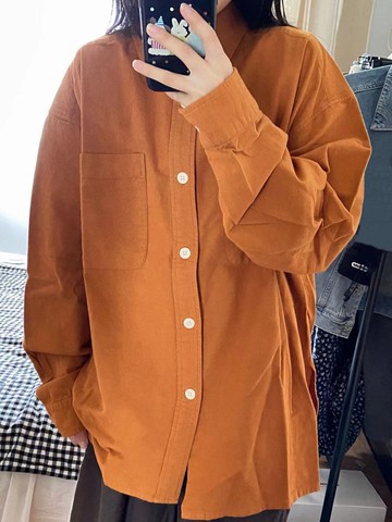 日雜風疊穿顯白橙色純棉襯衫女寬松時尚百搭顯瘦襯衣開衫外穿新款【聚寶屋】