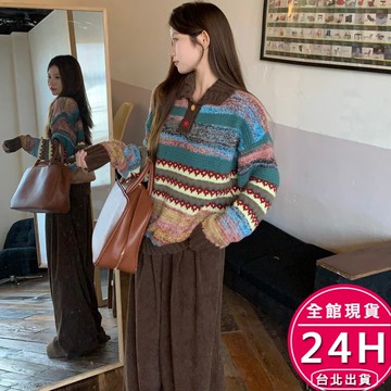 【梨卡】隔日到貨 女裝 毛衣 針織 保暖 復古彩色毛衣 翻領寬鬆針織 美拉德毛衣 套頭毛衣 DR6909【現貨24H】