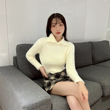 立領海毛針織上衣【12313】Sandy33實拍秋冬新款韓系INS休閒百搭氣質翻領上衣 長袖上衣 針織衫針織毛衣