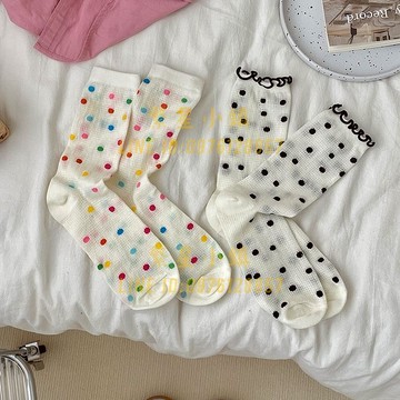 鏤空網眼襪子女中筒襪夏季薄款日系花邊波點堆堆長筒襪【繁星小鎮】