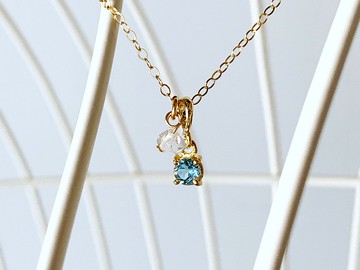 【四月和十一月生日石】瑞士藍托帕石和赫基默鑽石項鍊 (K14GF)