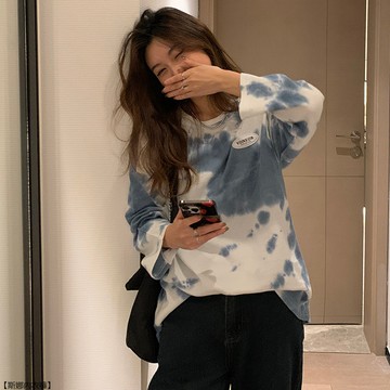 早秋個性別緻扎染長袖T恤韓版新款時尚百搭圓領套頭衛衣
