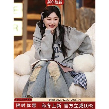 金靖同款美式高級感灰色衛衣女復古連帽秋冬寬松慵懶風上衣外套潮