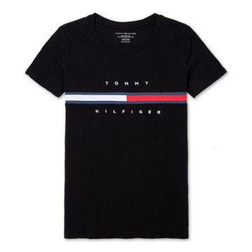 TOMMY 經典刺繡大LOGO文字短袖T恤 (女)-黑色