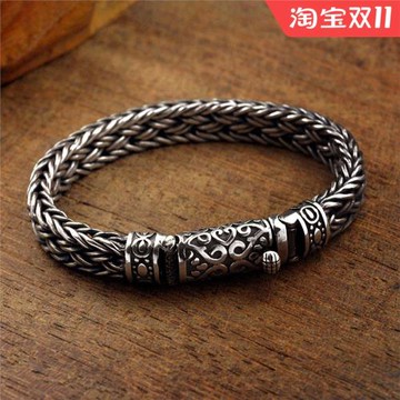原創S925純銀手鏈男士泰國手工編織手鏈個性刻字潮男復古粗款手環