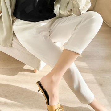 九分醋酸褲子女夏薄款白色高腰小腳褲修身顯瘦緞面蘿卜褲西裝褲