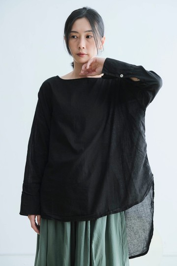 前短後長長袖圓領上衣 / 慕斯布 黑