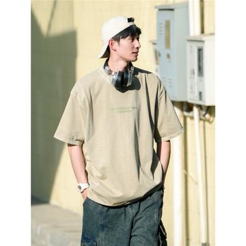 兔先森夏季潮牌高街水洗做舊重磅印花短袖體恤男寬松情侶半袖T恤